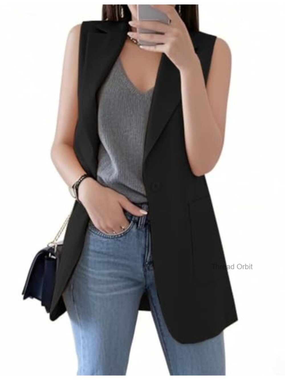 Womens Long Vest Sleeveless Blazer Button Notch Lapel Business Casual
